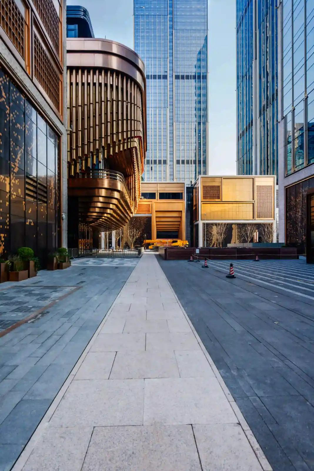 Modern buildings sharp from the foreground to the background, deep depth of field