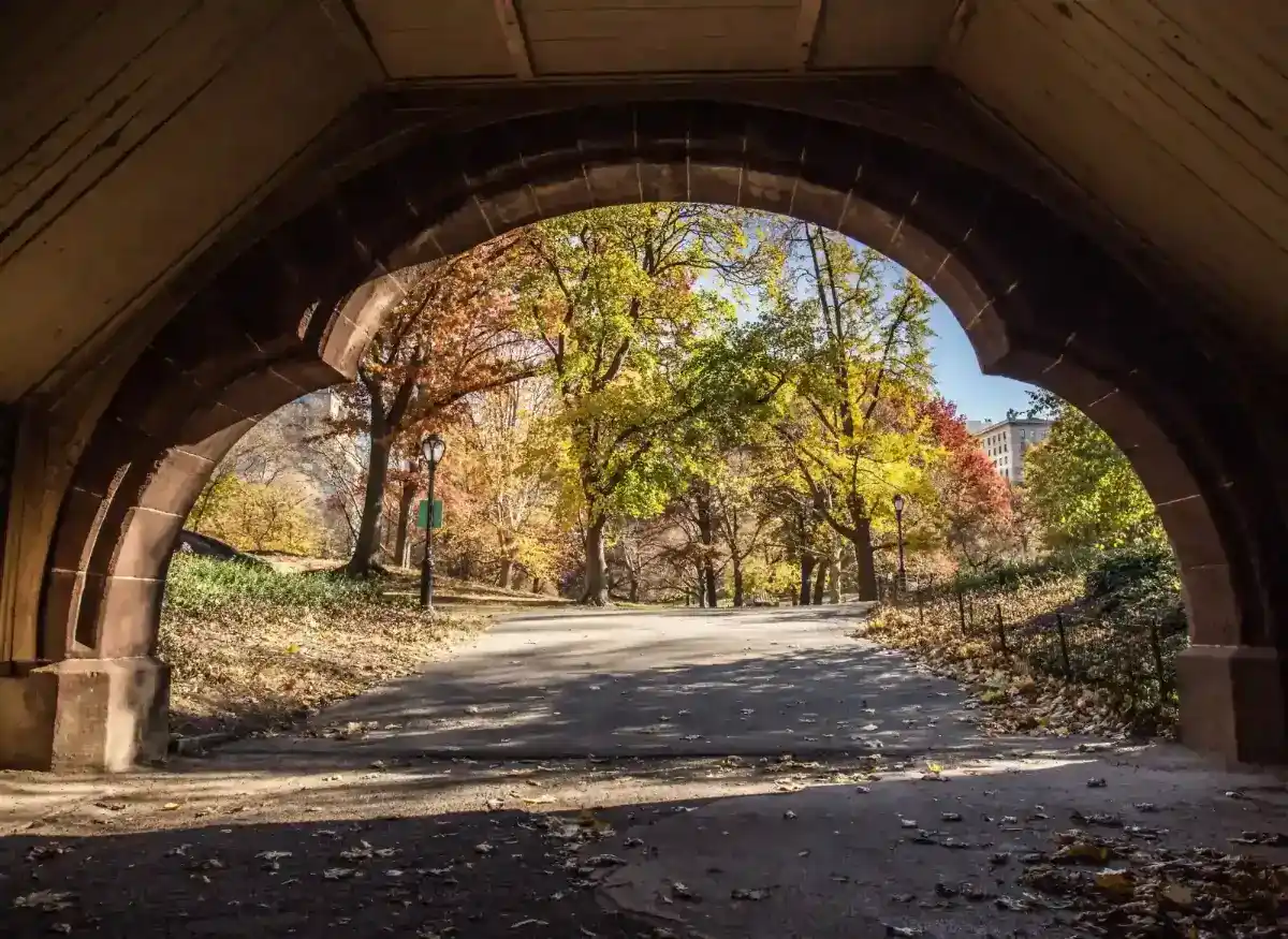 Autumn park seen through a stone arch, an example of framing within the frame