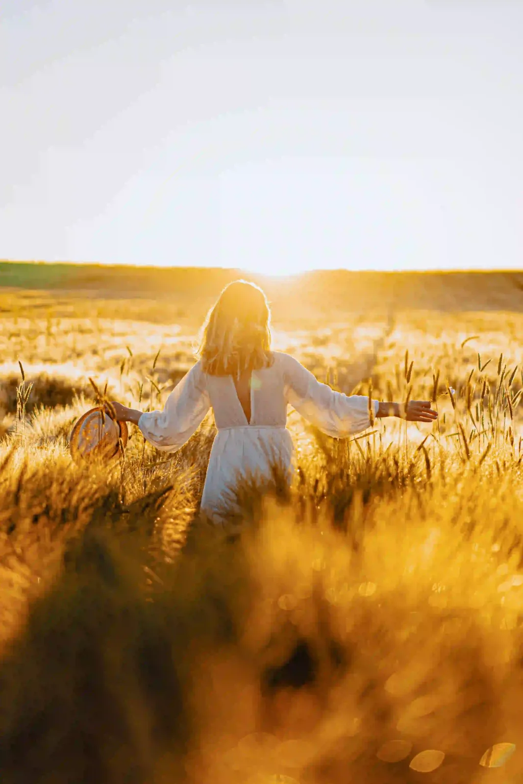 Woman backlit by the low sun in a wheat field