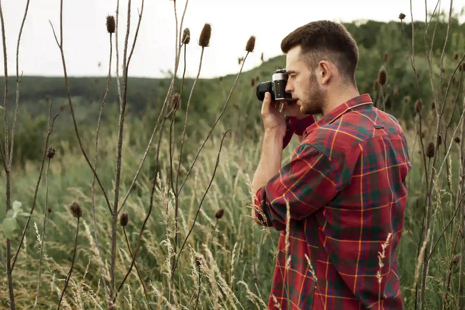 Photographer framing a shot through the viewfinder in a grassy field